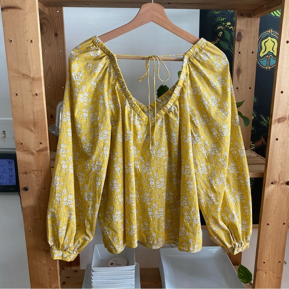 J. Crew Liberty Fabrics Yellow Floral Capel V-Neck Organic Cotton Blouse M - Picture 4 of 14